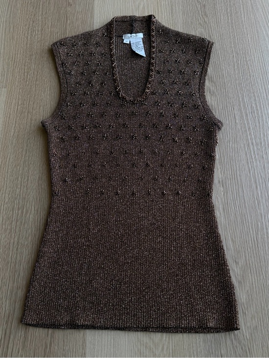 Cache Tops - Vintage Cache Brown Metallic Beaded V-Neck Sleeveless Top M